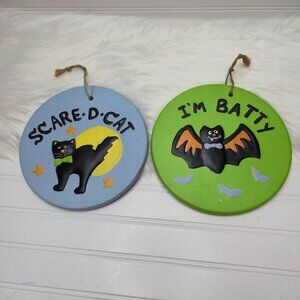 Hermitage Pottery Halloween Ceramic "Scare-D-Cat" & "I'm Batty" Wall Plaques 8"